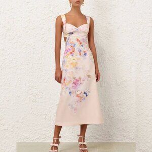 Zimmerman Crush Floral Print Ivory Linen Midi Dres